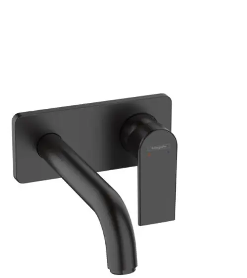 Hansgrohe Einhebel-Waschtischmischer für Wandmontage in Mattschwarz, mit einer klaren, geraden Auslaufform und einem runden Griff für die Temperaturregulierung.